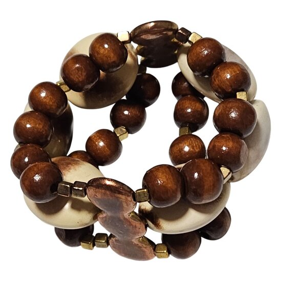Handmade Wood Beaded Stretch Bracelet Wooden Cream Beads Fashion Jewelry Women - Picture 2 of 4